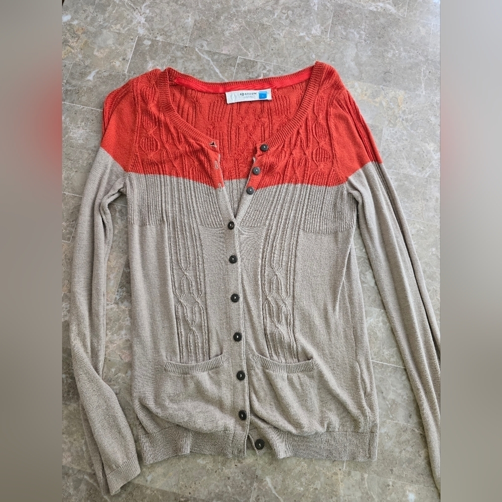 Sparrow ANTHROPOLGIE Tan & Orange Button Up Cardigan Size Small